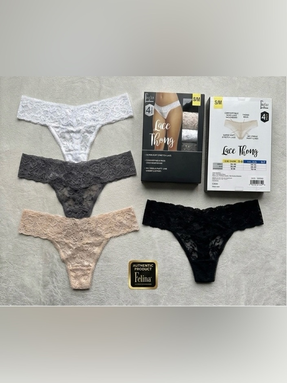Felina 4 Pack Lace Thongs Pants New Size Small, Medium - Beige White Black Grey